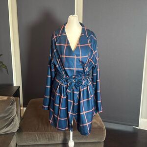 Women’s Blue Turn Down Collar Wrap Trench Coat Grid Pattern XL (**Tag3XL)